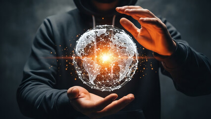 Human hands presenting a luminous, interconnected global network sphere, symbolizing AI, big data management, digital transformation, and futuristic communication technology against a dark, dramatic b