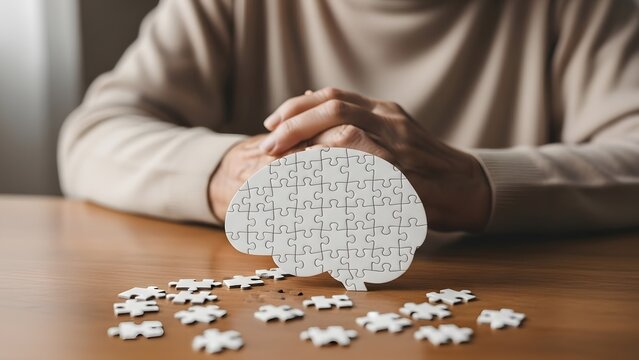 Mental health awareness and cognitive brain function. Neurology research and memory puzzle solution. Person sitting at a table with a brain shaped puzzle and scattered pieces