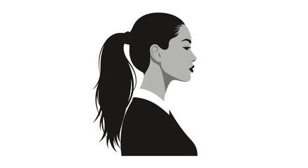 Elegant black and white profile silhouette of a young woman with a long ponytail wearing a collared shirt on a white background.