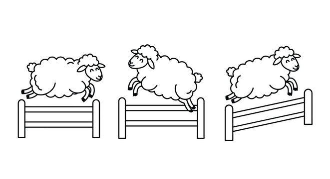 Playful black and white line art illustration showing three fluffy sheep jumping over fences representing the concept of counting sheep to sleep.