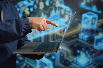 A professional individual operates a sleek laptop against a vibrant, symbolizing modern data analysis, cybersecurity, and the evolving landscape of global fintech.