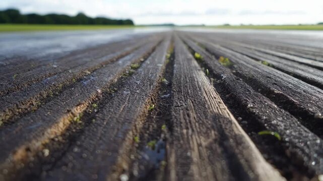 Medium shot of a grooved runway surface highlighting deep channels designed to improve water drainage and enhance aircraft traction in rainy conditions