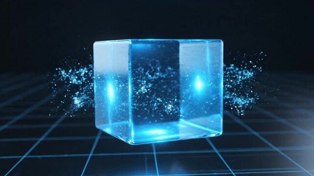 Glowing Cube in Cyber Space: a captivating image of a luminous, transparent cube floating against a futuristic digital landscape, filled with sparks of digital energy.