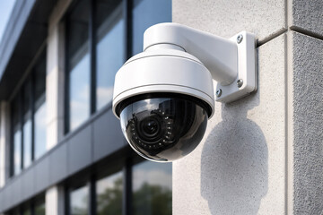 White and black spherical external surveillance camera on building facade