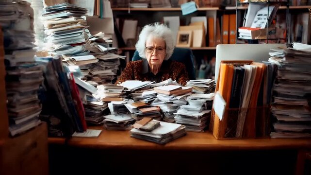 Tax return season. A woman with glasses sits at a desk surrounded by stacks of papers and binders. She is wearing a patterned blouse and has a contemplative expression.