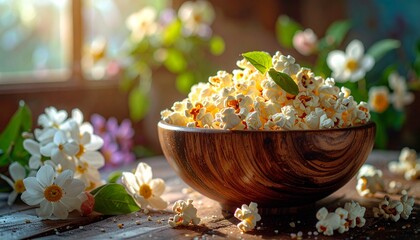 A wooden bowl overflowing with fluffy popcorn, surrounded by delicate white flowers and soft sunlight.