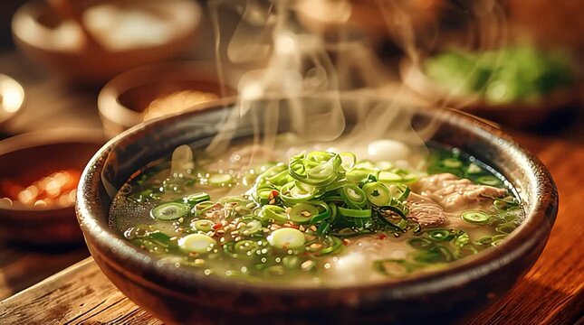 A hot bowl of rice porridge (congee) with pieces of stewed beef, green onions, and sesame seeds.	
