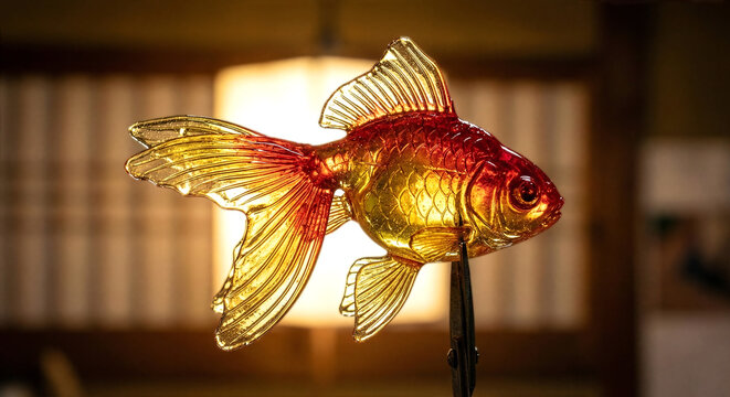 Translucent Amezaiku Sugar Goldfish Sculpture Held by Scissors, Backlit