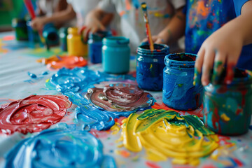 A table with many different colors of paint and paintbrushes