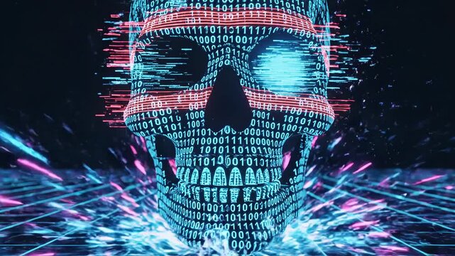 A futuristic digital skull made of binary code on a neon grid background with pink and blue lights