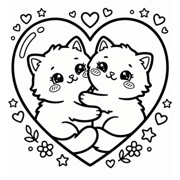 Two cute kittens hugging in heart coloring page