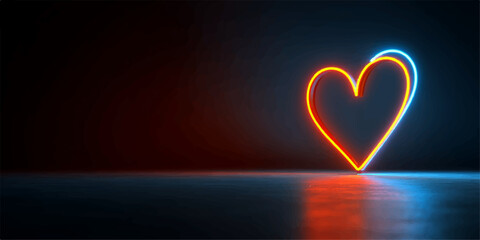 A glowing neon heart shape with vibrant orange and blue colors set against a dark, reflective background.