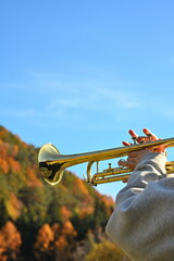 Fototapeta premium 青空と紅葉を背景にしたトランペット