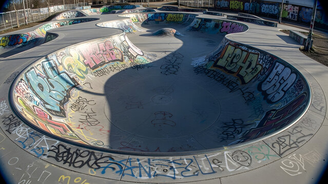 Dynamic view of a gritty street culture skate bowl covered