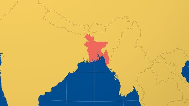 Bangladesh on Globe. Animated zoom into the country in Ocean Blue Golden Yellow color palette. Bangladesh logo animation. Map with meridians, parallels. Amazing video.