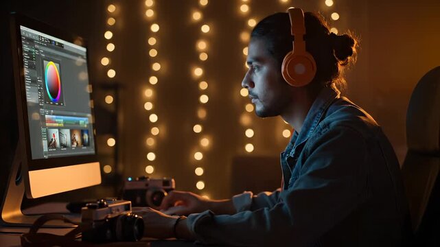 Designer works editing photos on computer wearing headphones at desk. Creative editor uses software for photo editing. Designer with headphones edits at computer. Studio work with bokeh lighting.