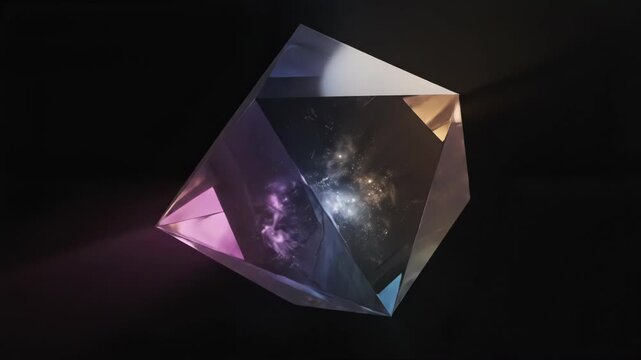 Large purple crystal gemstone with galaxy inside on black background