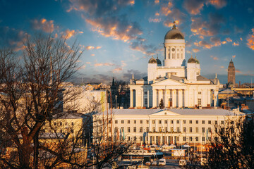 Finland, Helsinki. Top View Of Helsinki Cathedral And City Hall In Sunny Day. Famous Dome Landmark In Neoclassical Style