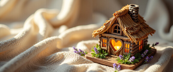 Lantern shaped like a home with a glowing heart on soft fabric background  