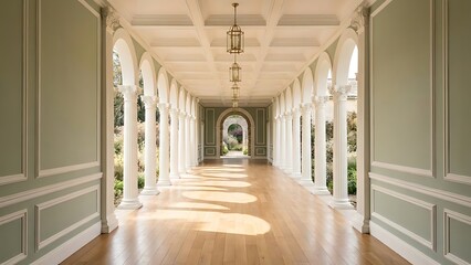 Obraz premium Elegant hallway with white columns and arches leading to garden