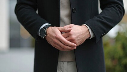 Obraz premium Close up of Man Hands Clasped Wearing Watch and Black Coat with Beige Sweater Outside During Daylight with Blurred Greenery Background