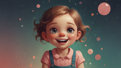 Fototapeta premium Whimsical digital illustration of a smiling young girl with blonde hair against a starry night sky background
