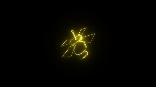 Glowing neon line Satellite icon. Radio antenna, astronomy and space research. 4K Video motion graphic animation.