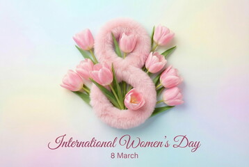 International Women's Day, March 8 greeting card. The number 8 made of pink fur and pink tulips top view on a pastel pink and blue background.