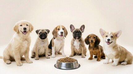 Puppies of different breeds sit in a row near a bowl of dry food on beige background. Advertising banner with copy space