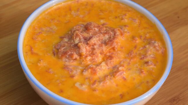 Bowl full of carrot or gajar ki kheer. Indian pudding or dessert served in a festival. also eating during navratri shivratri or other hindu fast or vrat time.
