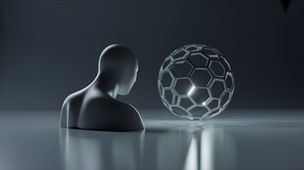 A minimalist scene showing a human silhouette facing a geometric neural-sphere, symbolizing ai consumer interaction and digital decision influence.