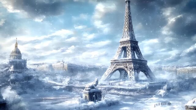 Paris, France, Europe. A detailed digital artwork of the Eiffel Tower amidst a snowy landscape. The style is realistic with a touch of fantasy.