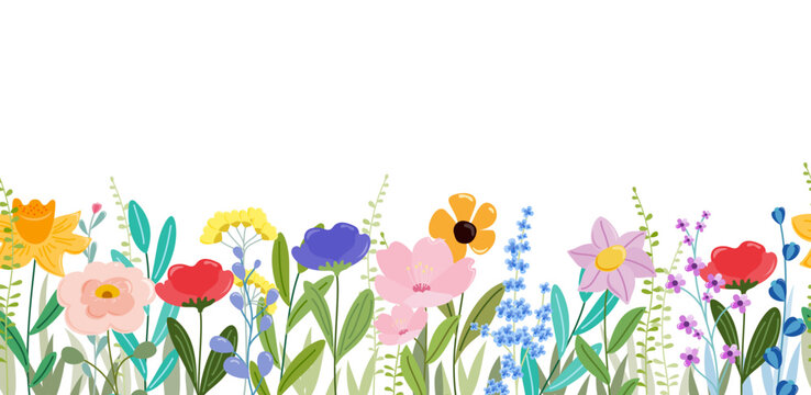 Collection of spring colorful flower elements vector. Floral boarder of wildflower, leaf branch, foliage on white background. Seamless pattern illustration for decor, easter, sticker, clipart