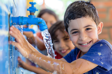 A boy is playing with a water fountain