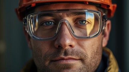 A worker confidently smiles while wearing safety goggles in a close-up shot, emphasizing safety and professionalism in the workplace.