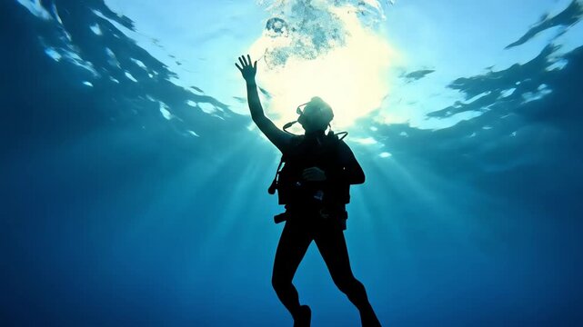 Scuba Diver Swimming Toward Sunlit Surface in Deep Blue Ocean - AI Generated