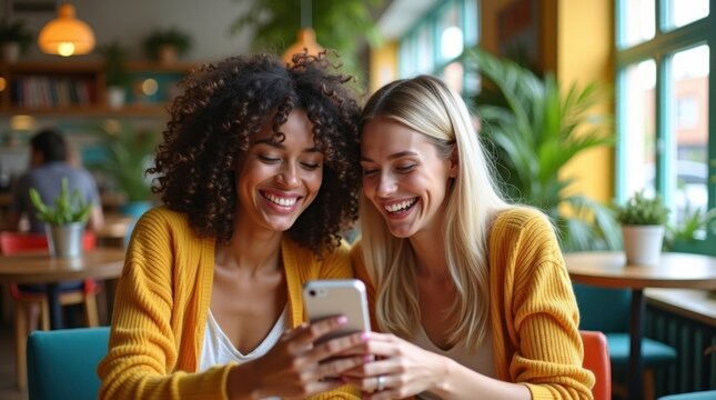 Dos mujeres felices riendo mientras usan un tel&eacute;fono m&oacute;vil en un caf&eacute;, momento de amistad informal