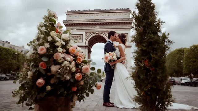 Paris, France, Europe. A wedding photograph featuring a bride and groom in front of the Arc de Triomphe in Paris. The bride is wearing a white gown with a train.