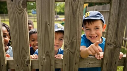 Children playing peekaboo behind fence reveal joyful expressions