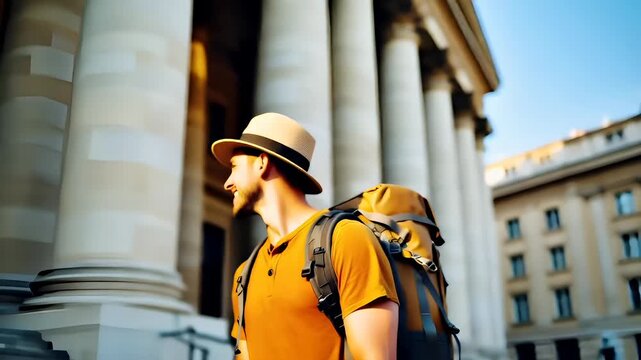 Paris, France, Europe. A man in a yellow shirt and brown hat with a backpack stands against a backdrop of classical architecture, including columns and a building facade.