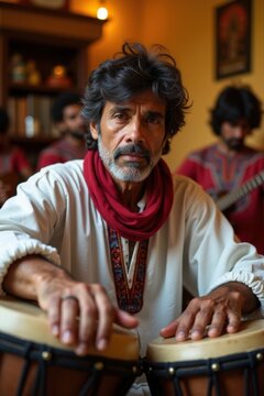 Hombre uruguayo ajustando tambores de candombe en un ensayo en interiores
