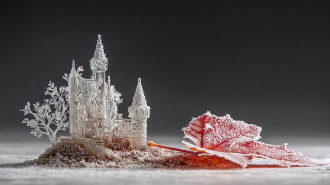 Miniature castle with leaf artistic scene against dark background