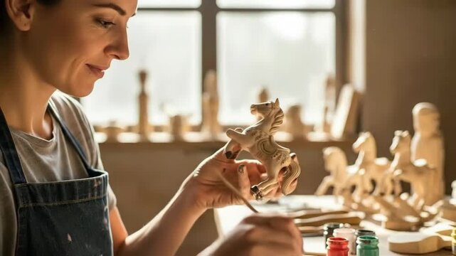 Caucasian woman artist painting wooden dala horse toy, using a brush, in an art workshop, craftswoman making decoration footage