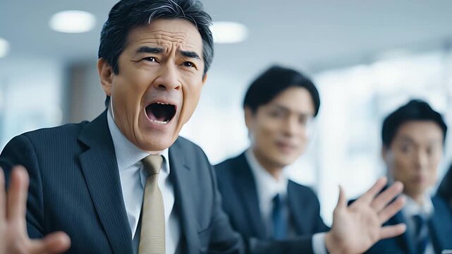 会議室で激昂し、叫び声を上げる日本人ビジネスマン