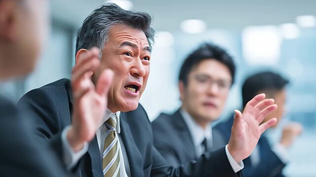 会議室で激昂し、叫び声を上げる日本人ビジネスマン