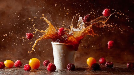 Raspberries and liquid splash with cup still life