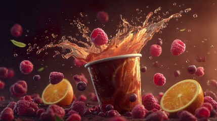 Raspberry juice splash with fruit and oranges