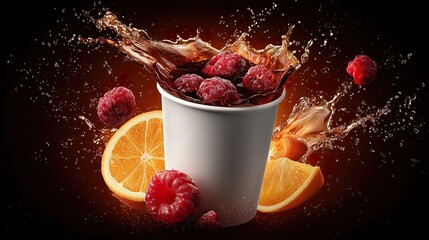 Raspberry splash and citrus fruits in a beverage cup