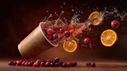 Refreshing beverage with fruits splashing out of the cup