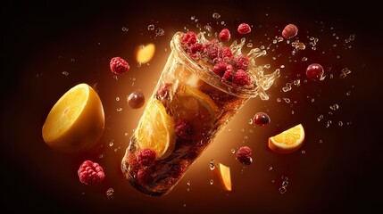 Refreshing beverage with raspberries and citrus fruit water splash and droplets